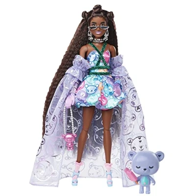 Image de Barbie Poupée Extra Chic avec Robe à imprimé oursons et traîne, Figurine Ourson, très Longs Cheveux Accessoires, Points d’Articulation, Jouet Enfant, Dès 3 Ans, HHN13