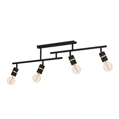 Image de Eglo Rail spot Lurone, rampe de 4 spots orientables, barre pivotants, plafonnier en métal noir et laiton, lampe plafond avec douille E27