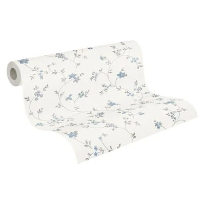 Image de A.S. Création Papier peint intissé Tapisserie fleur avec un motif floral en crème, gris et bleu pour différentes pièces adhésif 10,05 m x 0,53
