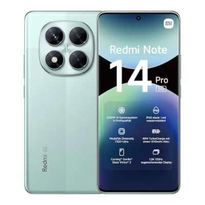 Image de Xiaomi Smartphone Redmi Note 14 Pro 5G,12+512GB,Vert,Caméra IA prograde 200MP,IP68,Charge Turbo 45W avec Batterie 5110mAh,fonctionnalités (Chargeur Non Inclus,Version Française+2Ans de Garantie)