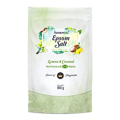 Image de Nortembio Sel d&#039;Epsom 850 g. de Bain Arôme Citron et Noix Coco. Sulfate Magnésium Hydraté avec la Vitamin C E. Détente Musculaire, Aromathérapie Bon Sommeil. E Book Inclus.