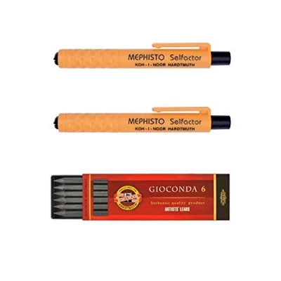 Image de Koh I Noor Mephisto 5301 Porte mine sans taille crayon, ensemble de 3, force 5.6 mm 2 x orange et emballage mixte 6 mines en graphit 2B,4B,6B