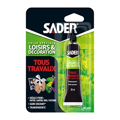Image de Sader Colle Tous Travaux Loisirs et Décoration Supports Idéale pour Papier, Carton, Bois Feutrine Transparente Après Séchage Sans Solvant 1 Tube 30 ml