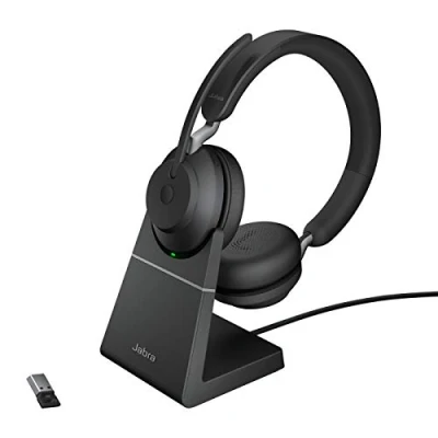 Image de Jabra Evolve2 65 Casque PC Sans Fil avec Station de Charge Audio Certifié UC Anti Bruit Batterie Longue Durée Adaptateur Bluetooth USB A Noir