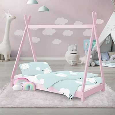 Image de ML Design Lit d&#039;enfants Tipi 70x140 cm avec Sommier à Lattes, en Bois Massif Rose, Tente Indien, Cadre de pour Fille et Garçon, Stable, Robuste, Jeu Intérieur, Simple d`Adolescents