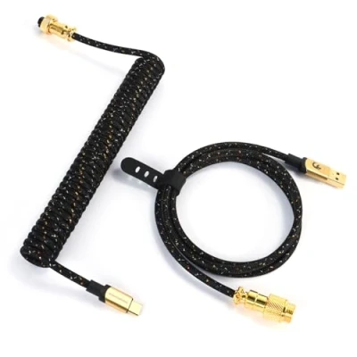 Image de MAMBASNAKE C03 Câble USB C Spiralé pour Clavier de Jeu, Cable Tressé Mécanique in Starlight Nylon avec Aviateur en Métal Doré Amovible, Type vers A Noir