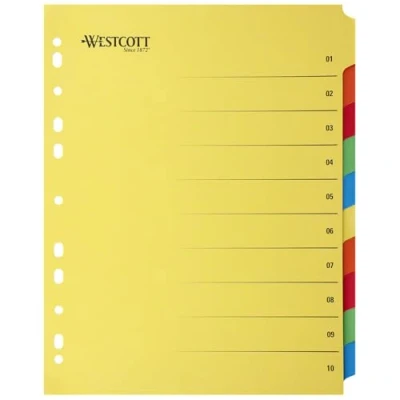 Image de Westcott E 1733313 00 Registre pour classeur A4+ extra Large Feuilles intercalaires larges dossiers A4 10 onglets colorés en 5 couleurs comme organiseur Robuste 230g/m² avec