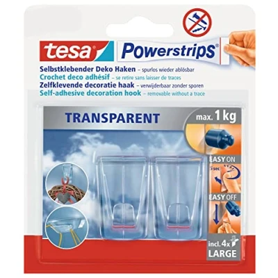 Image de tesa Crochet Adhésif pour Verre et Surfaces Transparentes 1kg Peut soutenir des Objets jusqu&#039;à par Paquet de 2 Crochets avec 4 Languettes Adhésives