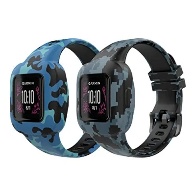 Image de MoKo Lot de 2 Bracelets Compatible avec Garmin Vivofit jr. 3 pour Enfants, Bande Montre Remplacement en Silicone Motif Mignon, Bleu Camouflage &amp; Mosaïque