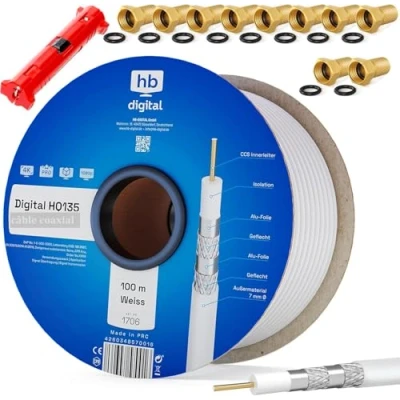 Image de HB DIGITAL HQ 135 PRO 100m 135dB Câble SAT coaxial 4 fois blindé avec dénudage et 10 fiches F dorées d&#039;antenne pour systèmes DVB S / S2 S2X C T T2 BK UHD 4K Full HD 3D