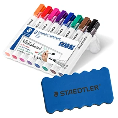 Image de Staedtler Lumocolor 351 WP8 Marqueur pour tableau blanc Pointe ogive 2 mm Boîte de 8 couleurs + effaceur original