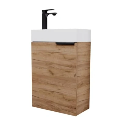 Image de Planetmöbel lavabo avec Armoire inférieure 40cm en chêne doré &amp; robinetterie Noir Mat, Set de Meubles Salle Bains pour Bains, WC invités