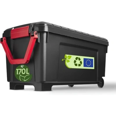 Image de Iris Ohyama, Malle, Boîte de rangement plastique, avec Couvercle et Clips fermeture, 170L, A l&#039;unité, Empilable, Roues, Sans BPA, Grenier, Cabanon, Garage, SIA 1000, Noir