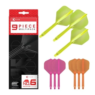 Image de Target Darts K Flex Integrated Dart Flights and Shafts, Tige Moyen (33mm), No.6 Flight, 9 Pack Bundle, Rose Fluo, Orange et Jaune Kflex 2 in 1 Flight Stem, Professional Accessories