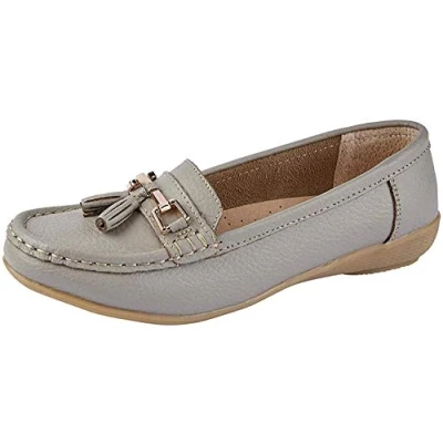 Image de JO &amp; JOE , Mocassins pour femme en cuir avec semelle à talon légèrement compensé, style décontracté, confortable, chaussures de travail,Gris,41 EU/8 UK