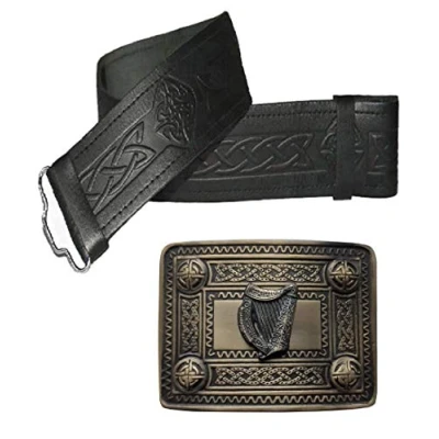 Image de Maze Ceinture de kilt écossais avec boucle en cuir Noir Plusieurs tailles et designs au choix, Embossed Black With Antique Irish Harp Buckle, XL (106cm 122cm)