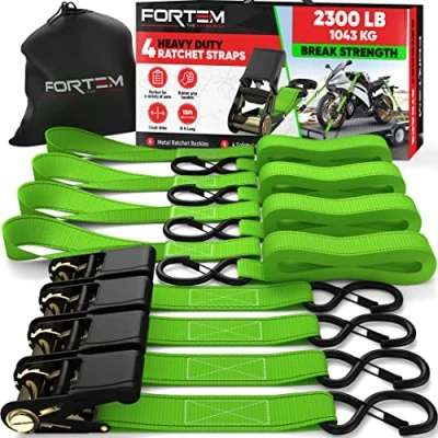 Image de FORTEM Sangles d&#039;Arrimage, Résistance 1043 kg, 4 de Remorquage 4,5 m, Boucles Souples, Arrimage Moto, Anse Caoutchouc, Crochets Métal Enduit, Sac Transport (Vert)