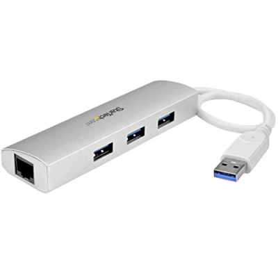 Image de StarTech.com Hub USB 3.0 (5Gbps) portable à 3 ports avec Gigabit Ethernet Câble intégré Aluminium (ST3300G3UA)