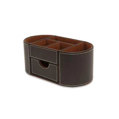 Image de OSCO Organiseur de bureau en similicuir marron avec tiroir Rangement Porte stylos Conteneur maquillage pour crayons 6 compartiments Caddy papeterie H 10 x l 23