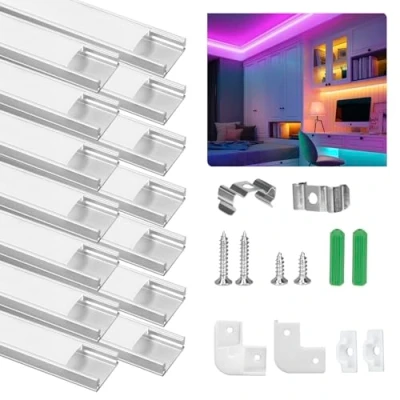 Image de Ykall Profile Aluminium LED, 14 x 1M/3.3ft U Shape avec Couvercle Blanc laiteux Transparent, Embouts et Clips de Montage en Métal, Compact facile à couper installer pour Ruban LED (Argent)