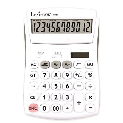 Image de Lexibook Calculatrice de Bureau 12 Chiffres avec Écran Inclinable Fonction Basiques, mémoire et Arrondi Larges Touches pour Travail, Scolaire, Maison Solaire &amp; Piles Blanche/Grise, C212