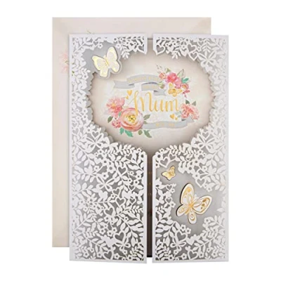 Image de Hallmark Carte de fête des mères pour maman, motif découpé au laser avec long verset, papillons et fleurs, blanc, rose
