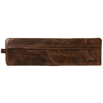 Image de LEABAGS Étui à Crayons en Cuir véritable Petite Trousse pour Travail, université et école Vintage Taille L Marron Moyen