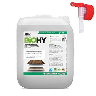 Image de BiOHY Agent de nettoyage des robots d’essuyage (Bidon 10l) + Robinet Nettoyant pour tous les planchers en bois parquet et stratifié Concentré économique (Wischroboter Holz)