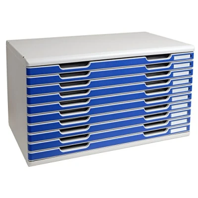 Image de Exacompta Réf. 324003D MODULO A3 Caisson 10 tiroirs fermés pour documents A3+ Dimensions extérieures : Profondeur 35 x largeur 57,6 Hauteur 32 cm Gris lumière/bleu