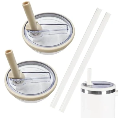 Image de NEERIX Lot de 2 couvercles rechange, réutilisables, qualité supérieure, avec paille, anti fuite et poussière, accessoires pour tasse Stanley, couvercle paille (blanc)