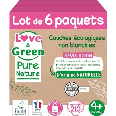Image de LOVE AND GREEN Couches hypoallergéniques Non blanchies Pure Nature Certifiées Ecolabel T4+ x 35 (9 à 20 kilos)