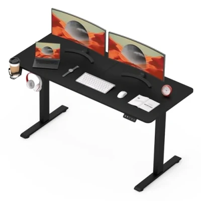Image de SANODESK Bureau Assis Debout Électrique 140x60 cm Réglable en Hauteur avec Système Anti Collision, Panneau Clavier Contrôle à Fonctions Mémoires(Cadre Noir+Plateau Noir)