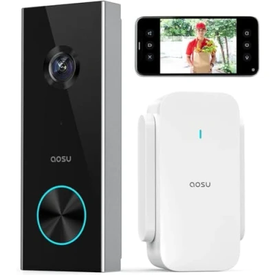 Image de AOSU Sonnette vidéo sans Fil avec Pile, Exterieur Etanche HD 2K, Angle Ultra Large de 166, aucuns Frais mensuels, Audio, Détection Personnes, Camera, Alexa intégré