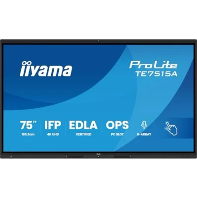 Image de iiyama ProLite TE7515A B1AG Écran interactif IPS LED 75&quot; 4K UHD 40 points tactiles DeepContrast IR+ HDMI DP USB C 3.2 RS 232c RJ45 OPS WiFi Android 14 OS Google EDLA iiControl