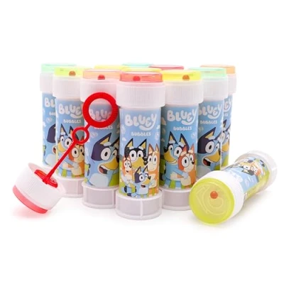 Image de Toyland® Lot de 12 Pots à Bulles Bleus avec Baguettes, Solution 60 ML et Couvercle Fantaisie en Labyrinthe Argent Poche Jouets fête