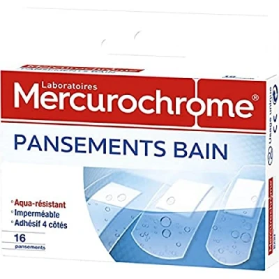 Image de MERCUROCHROME pansements bain aqua résistant Imperméables à l&#039;Eau Boîte de 16 3 Formats Différents Ultra fins et Transparents Ne colle pas la plaie