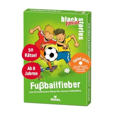 Image de moses Black Stories Junior Fièvre 50 énigmes sûres pour Les Fans de Football intelligents, Cartes au Nouveau Design avec Deux Variantes, Jeu Puzzle Enfants à partir 8 Ans, 90093, Jaune