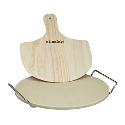Image de Relaxdays 10020491 pierre à pizza ronde 1 cm avec support en métal pain cuisson four pelle bois spatule HxlxP: 4 x 32 cm, nature