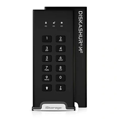 Image de iStorage diskAshur M2 500 Go Disque SSD portable USB 3.2 authentifié par code PIN, crypté matériellement Ultra rapide Conforme à la norme FIPS Robuste et