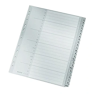 Image de Leitz Intercalaires A4 Touches A Z, 24 Feuilles, Extra Large, Gris, Onglets Renforcés en Plastique Résistant avec Table des Matières, 12610085