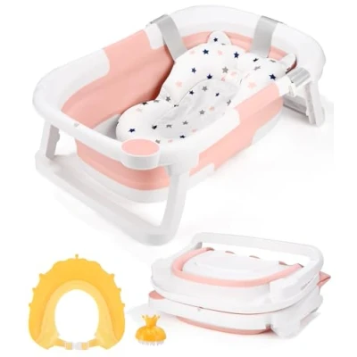 Image de Baignoire Bebe Pliable Bébé Pliante Portable（Couleur rose）,Avec Oreiller de Baignoire, Bonnet Bain, Brosse Douche