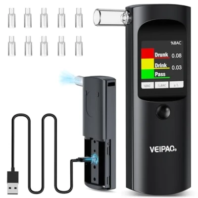 Image de Ethylotest Electronique Homologué NF Alcootest: Éthylomètre Portable avec 11 Embouts Buccaux Test D&#039;alcoolémie Numérique à Écran Haute Précision pour Usage Person Professionnel Domicile Noir