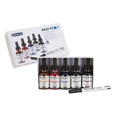 Image de Schmincke AQUA DROP, aquarelle liquide, 5 x 30 ml couleurs pour glacis + LINER avec pointe pinceau, 78 105 097, peinture à l&#039;aquarelle, la calligraphie, le lettrage main, l&#039;aérographie