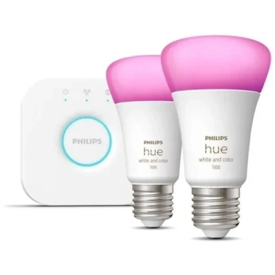 Image de Kit de démarrage Philips Hue White and Color Ambiance avec 2 ampoules E27, 75W, Bluetooth et compatibilité Alexa, Google Homekit Neuf