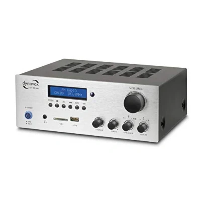 Image de Dynavox Ampli stéréo Compact VT 80 MK Noir, borniers à Visser pour 4 Haut parleurs, Commande Uniquement entrées numériques (USB, Carte SD), antenne BT et Radio intégrés 25 x 18 9,5 cm Argenté