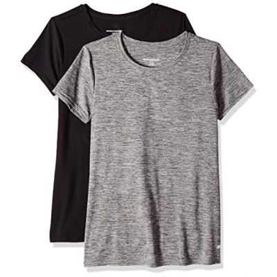 Image de Amazon Essentials T shirt à manches courtes et col rond Tech Stretch (disponible en grande taille) Femme, Lot de 2, Gris Foncé Teinture Spatiale/Noir, M