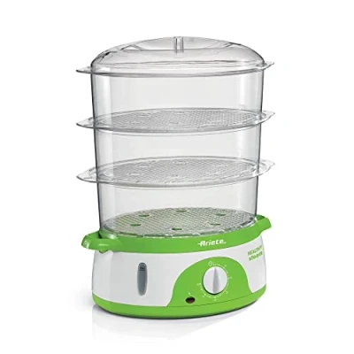 Image de Cuiseur vapeur électrique Ariete 911 Healty Steam avec minuterie 60 &#039;, 3 paniers, indicateur de niveau d&#039;eau, récipient à riz, gain place, 800 W, 9 litres, blanc/vert