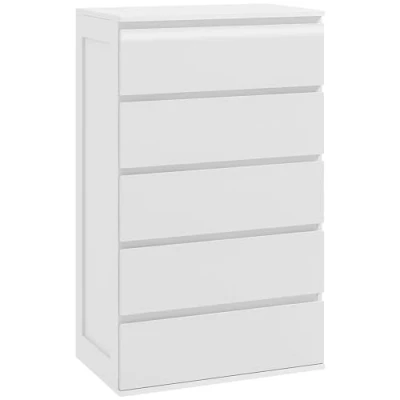Image de HOMCOM Commode 5 tiroirs Chambre Meuble de Rangement épuré Style Moderne avec mécanisme Fermeture en Douceur, pour à Coucher, Salon 60 x 38 100 cm, Blanc