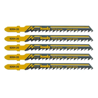 Image de kwb Lames de scie sauteuse pour le bois en acier HCS flexible avec tige à une came (tige T), denture plongée, épaisseur lame extra épaisse, tranchant durable, laquées noir, grossières