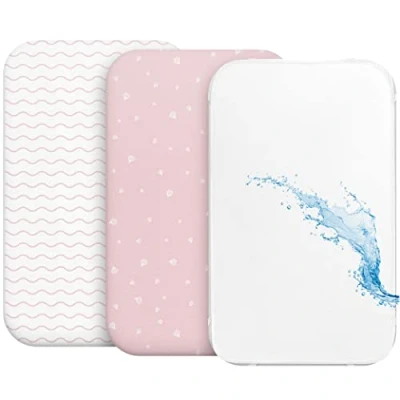 Image de Drap Housse Cododo (Set de 2) + 1 Protège Matelas Impermeable avec Elastique 3 en Taille 50x83 cm Compatible Berceaux, Lit Bebe Pour Fille et Garçon Motif Rose
